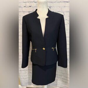 Tahari Arthur S. Levine Women's 2-Piece Navy 1 Button Skirt Suit Size 10 Petite